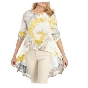 Belle France Lagenlook Linen Top Size Large High Low Tie Dye Boho Blue‎